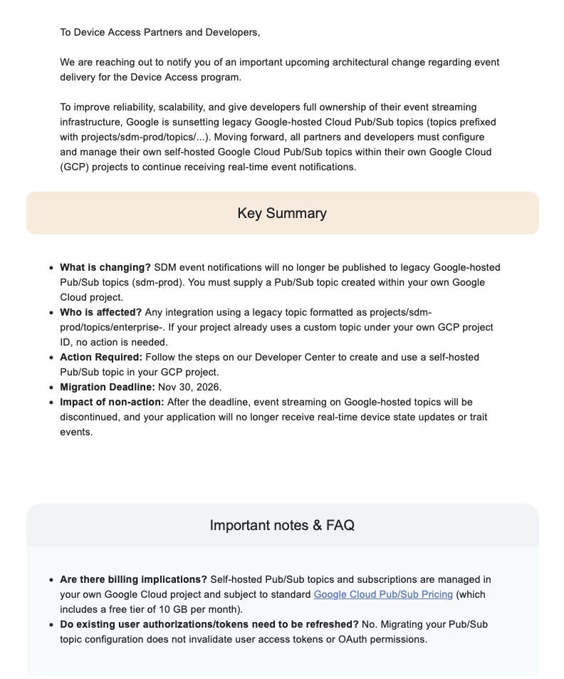 Mandatory Migration to Self-Hosted Pub/Sub Topics