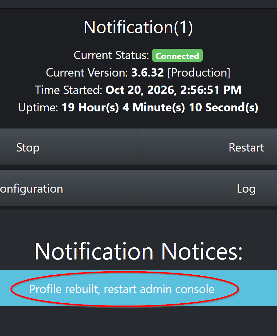 Profile rebuilt, restart admin console
